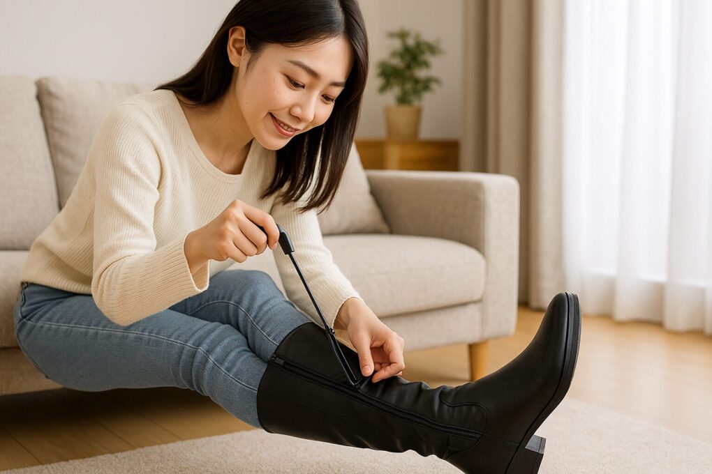 ロングブーツのチャックが閉まらないときの解決策として、日本人女性がブーツ用の補助具を使いながらファスナーを静かに引き上げている様子を写した横長の写真風イメージ