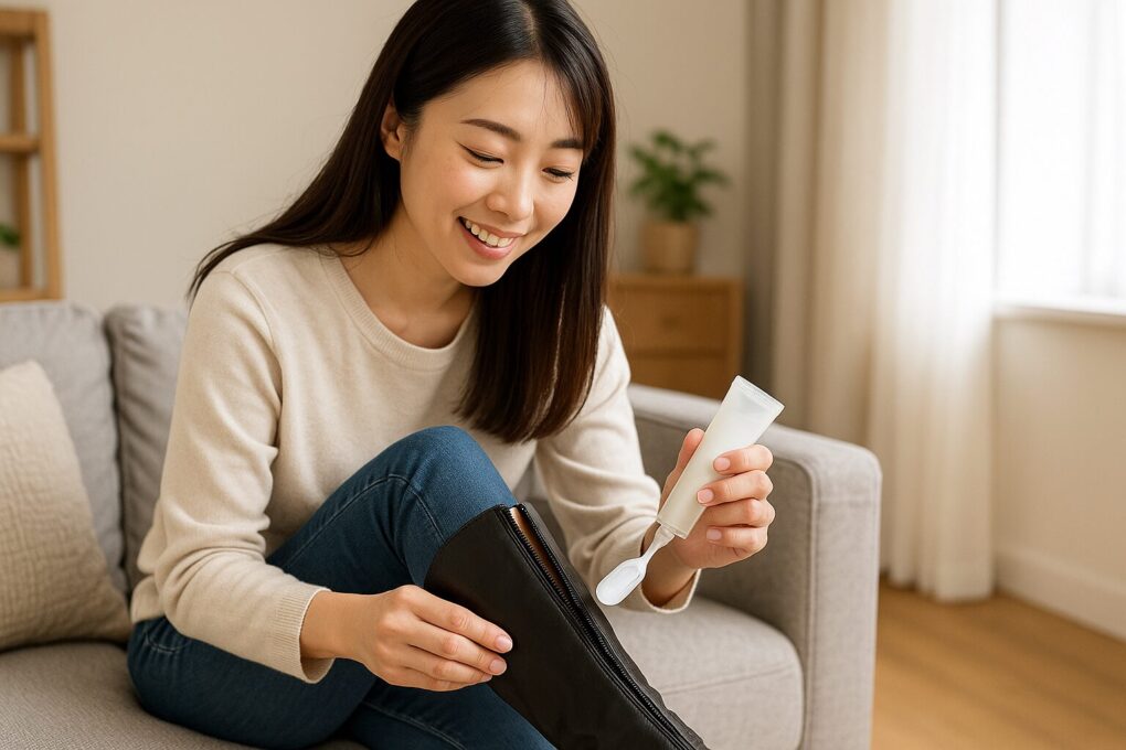 日本人女性がロングブーツのチャック部分に潤滑用クリームを塗り、ファスナーの動きを改善するためのケアをしている様子を自然光のリビングで撮影した写真風イメージ
