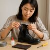 明るい室内で、日本人女性がテーブルに座り、内側がボロボロになった黒いブーツを両手で開いて確認している。手前のテーブルには補修用テープ、接着剤、布、ドライバーなどの道具が並び、ブーツ内側のセルフ修理ガイドをイメージさせる清潔感のある横長写真。