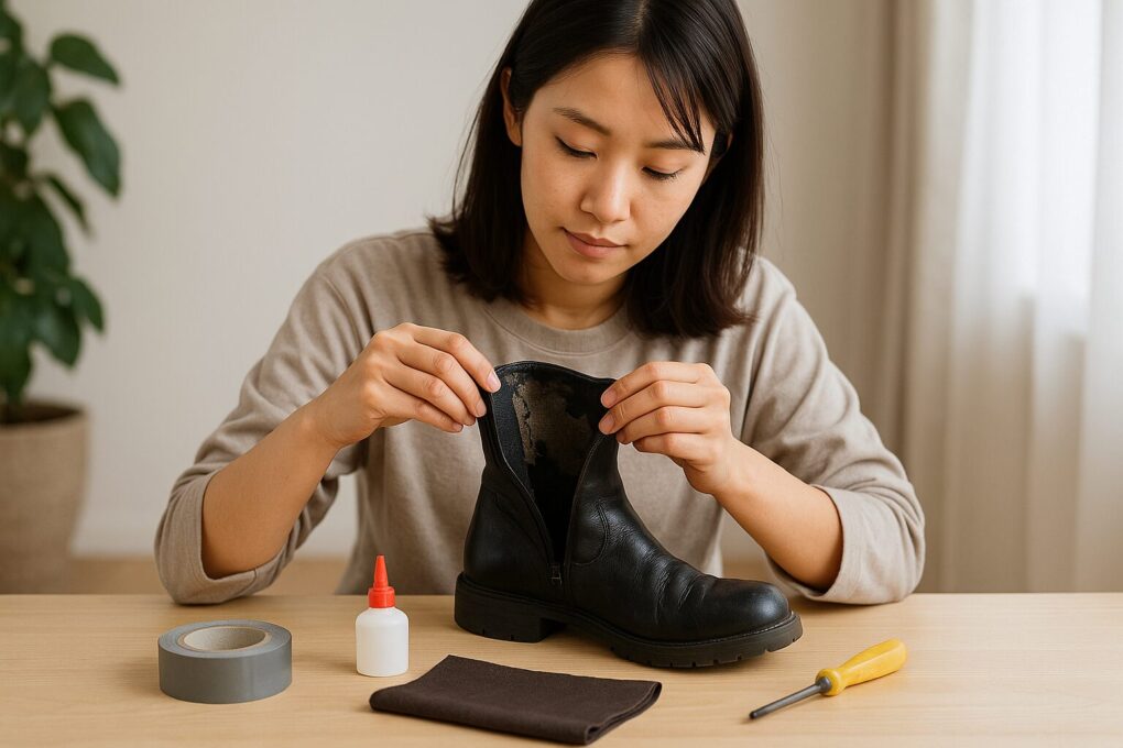 明るい室内で、日本人女性がテーブルに座り、内側がボロボロになった黒いブーツを両手で開いて確認している。手前のテーブルには補修用テープ、接着剤、布、ドライバーなどの道具が並び、ブーツ内側のセルフ修理ガイドをイメージさせる清潔感のある横長写真。