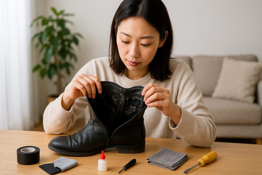 明るい室内で日本人女性がテーブルに座り、内側が劣化してボロボロになった黒いブーツを両手で開いて確認している。周囲には補修テープや布、接着剤などの修理道具が自然に並び、ブーツ内側の修理準備をしている様子をリアルに描いた横長の写真。