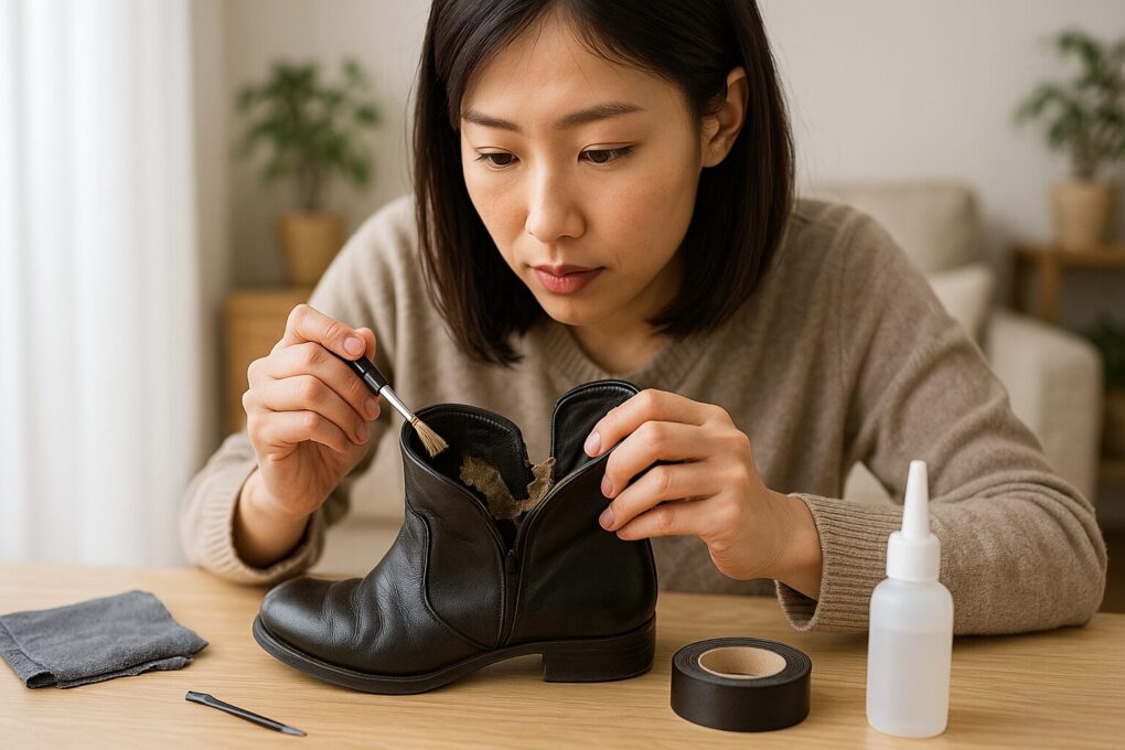 日本人女性が明るい室内で黒いブーツの内側をブラシで丁寧に整えながら、ライニング補修作業を進めている。テーブルには補修テープや布、接着剤などが自然に並び、落ち着いた雰囲気の中でDIY修理を行っている様子をリアルに描いた横長写真。