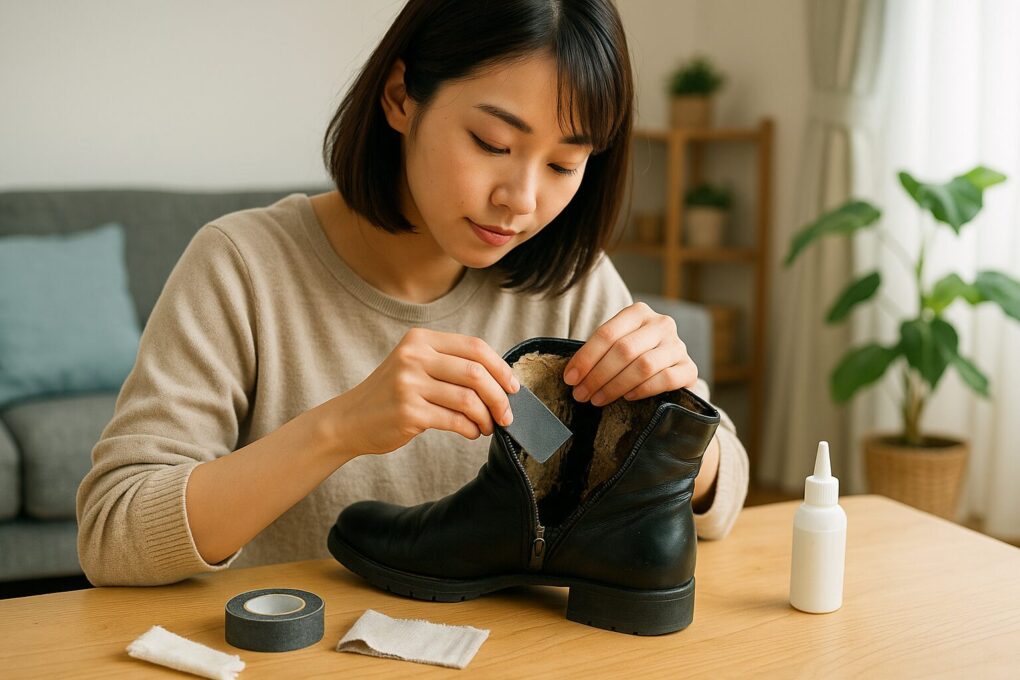 明るい室内で日本人女性が黒いブーツの内側に補修テープを貼り付けながら、自分で修理作業を進めている。テーブルの上には補修テープ、布、接着剤などが自然に並び、落ち着いた雰囲気の中で丁寧にブーツを整えている様子をリアルに描いた横長写真。