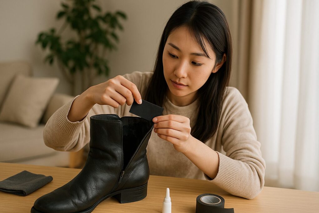 日本人女性が黒いブーツの内側に補修用のパッチを貼り付けながら、丁寧にライニング修理を行っている。テーブルには補修用テープやボンドなどの道具が自然に配置され、明るく清潔感のある室内で落ち着いて作業している様子を写した横長写真。