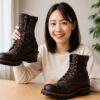 明るい部屋の木のテーブルで、濃いブラウンのワークブーツを片手に持ちながら笑顔でこちらを見る日本人女性と、手前に置かれたもう一足のブーツが並んでいる様子