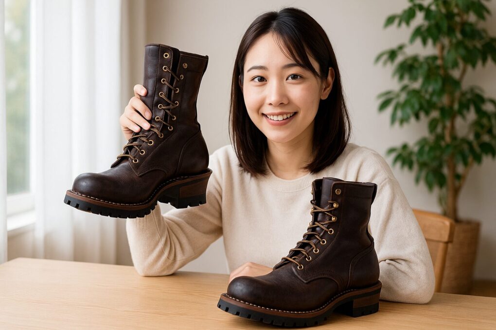 明るい部屋の木のテーブルで、濃いブラウンのワークブーツを片手に持ちながら笑顔でこちらを見る日本人女性と、手前に置かれたもう一足のブーツが並んでいる様子