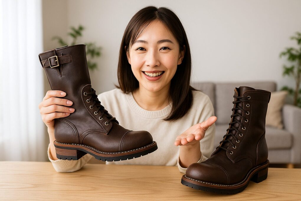 明るい室内のテーブルで、日本人女性がブラウンのウエスコブーツを手に持ち、もう一足を前に置いて笑顔で紹介している様子