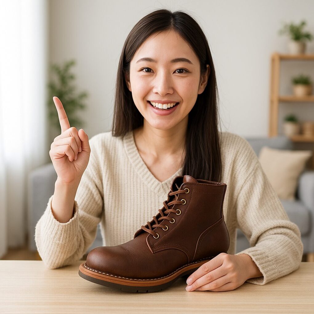 明るい室内で日本人女性がブラウンのブーツを手前に置き、指を立てながら人気モデルの特徴を説明しているように微笑んでいる様子