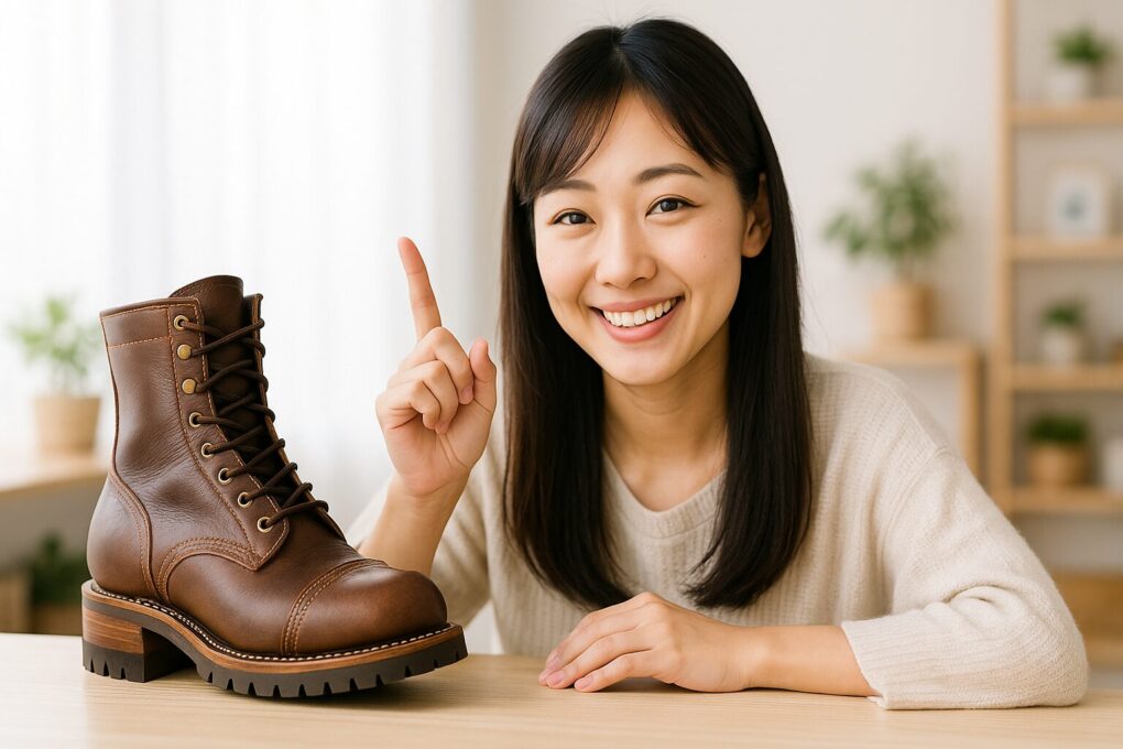 明るい室内で日本人女性がブラウンのワークブーツを前に置き、指を立てながらウエスコブーツ評判の総まとめを伝えている様子