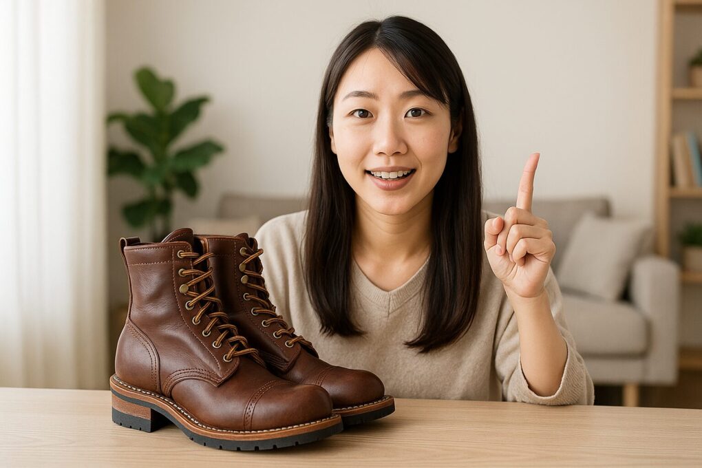 明るいリビングで日本人女性がブラウンのワークブーツを手にし、ホワイツブーツとの違いを説明するように微笑んでいる様子
