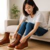 レッドウィング877のサイズ感を確かめるため、室内でブーツの紐を結んで試し履きをしている日本人女性の写真。