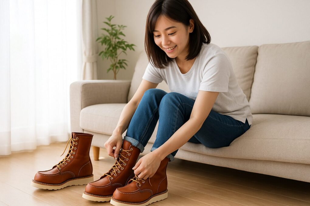 レッドウィング877のサイズ感を確かめるため、室内でブーツの紐を結んで試し履きをしている日本人女性の写真。