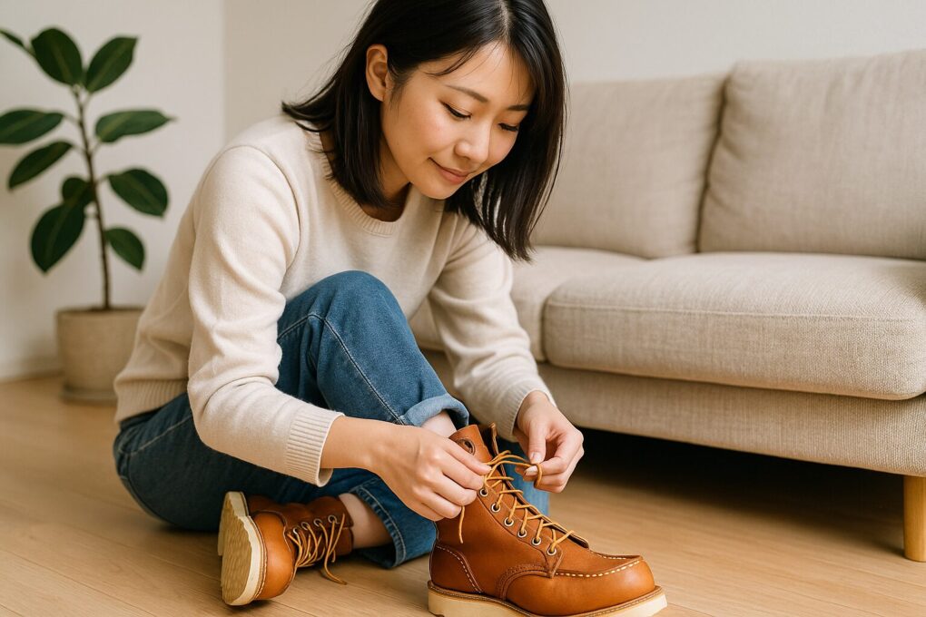 室内の明るいリビングで、レッドウィング877のブーツの紐を結んでいる日本人女性が床に座っている様子。