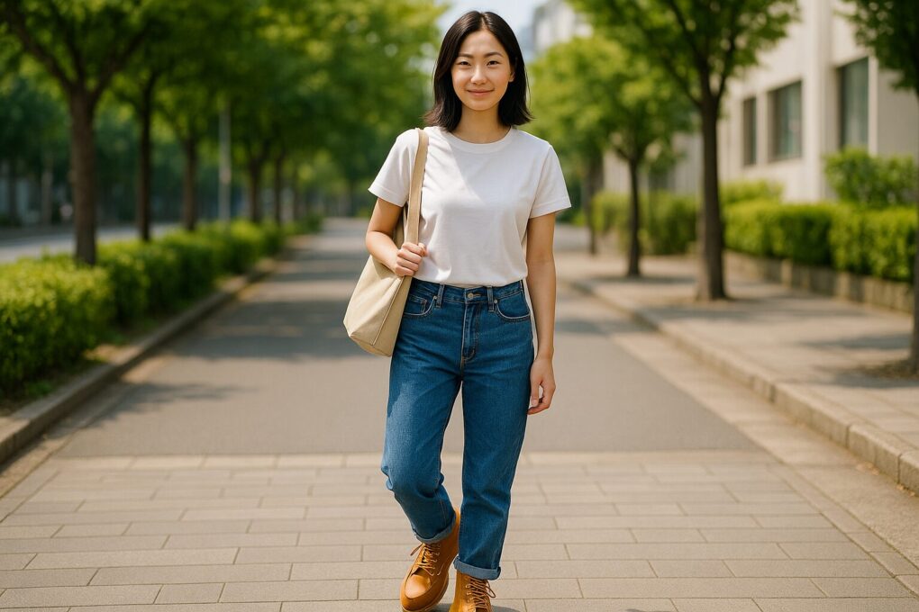 レッドウィング877を合わせたシンプルなデニムコーデで、街中の並木道を歩く日本人女性の全身写真。