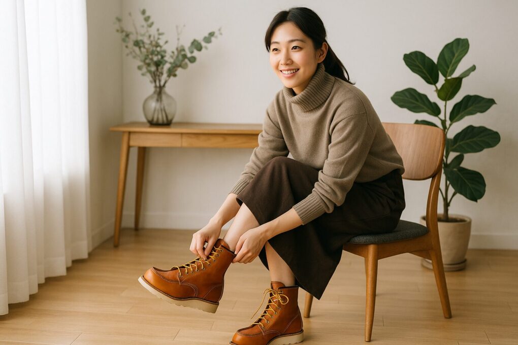 室内で椅子に座り、レッドウィング877の紐を丁寧に調整しながら履き方の最終調整をしている日本人女性の様子。