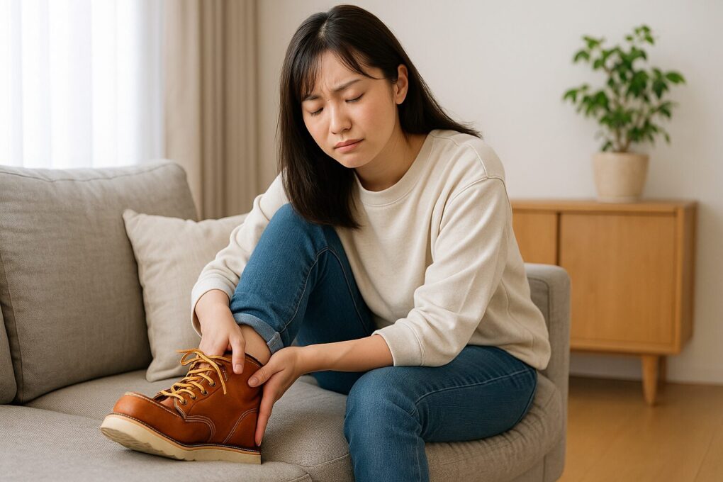 ソファに座った日本人女性が、レッドウィング877の足首まわりを押さえながら痛みの原因を確認している様子。