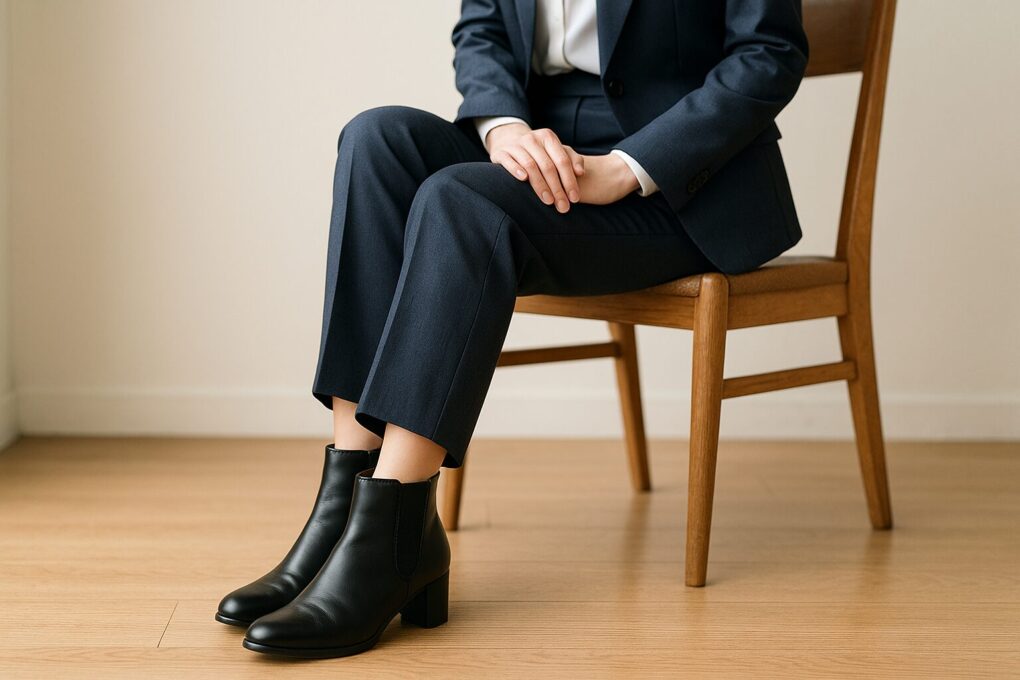 椅子に座った日本人女性がネイビーのスーツと黒のシンプルなショートブーツを着用し、清潔感のある室内で足元のマナー例として落ち着いた雰囲気で写っている様子。