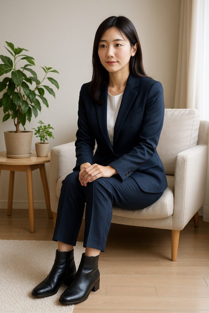 ネイビーのスーツに黒のショートブーツを合わせた日本人女性が、明るい室内で椅子に座り、ビジネス向けの上品な足元コーデを示している様子。
