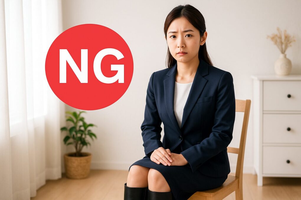 ネイビーの就活スーツを着た日本人女性がロングブーツを履き、不安そうな表情で座っている様子を写した室内シーン。ブーツが就活に不向きである状況を示している。