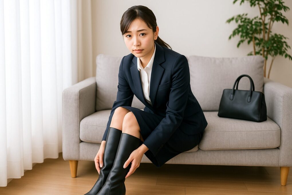 スーツ姿の日本人女性が明るい室内で黒いロングブーツを手にして履こうとしている様子。清潔感のある背景で、スーツとブーツの着用マナーを考えるシーン。
