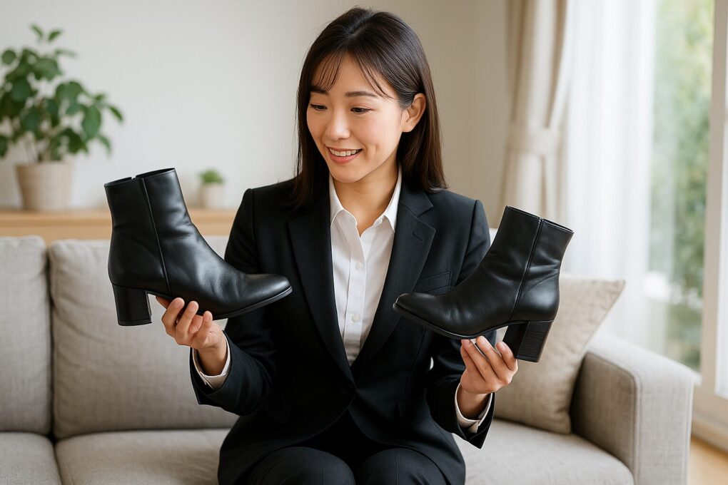 黒いスーツ姿の日本人女性が明るい室内で二足の黒いショートブーツを手に持ち、職種に合わせたスーツとブーツの選び方を比較している様子。