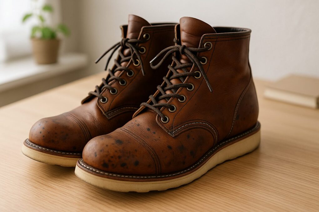 レッドウィングブーツのつま先に黒い斑点が目立つ状態を、明るい木製テーブルの上でリアルに撮影した横長の写真。