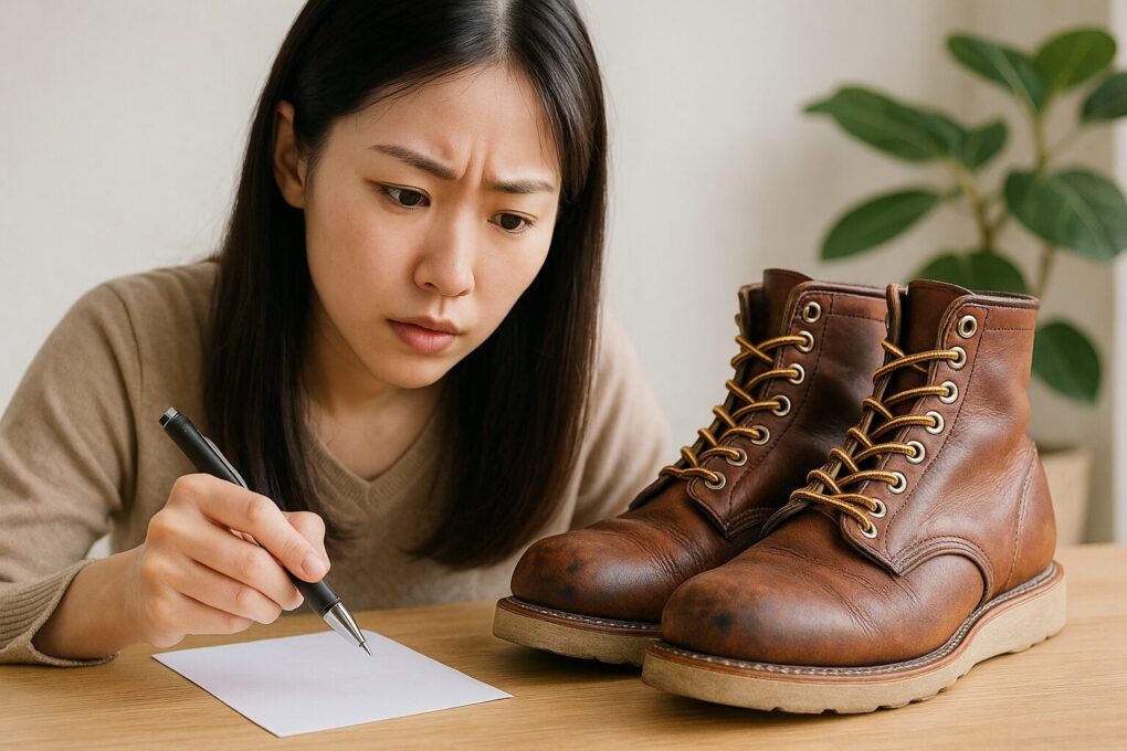 レッドウィングブーツの黒い斑点を気にしながら観察してメモを取る日本人女性を、明るい室内で撮影した横長写真。