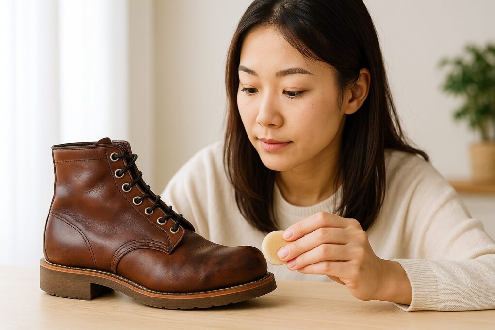 日本人女性がレッドウィングブーツのつま先にできた黒い斑点を丁寧に確認し、オイル染みの特徴を見極めている様子を明るい室内で撮影した横長写真。