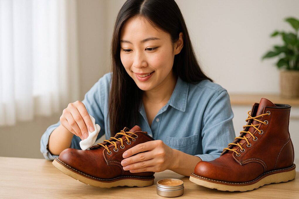 日本人女性がレッドウィングブーツを手入れしながら、黒い斑点を防ぐためのケアと予防を丁寧に行っている様子を明るい室内で撮影した横長写真。