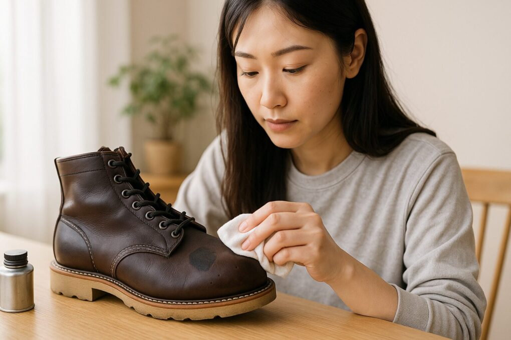 日本人女性がレッドウィングブーツについたオイル染みの状態を確認しながら、丁寧にケア方法を検討している様子を明るい室内で撮影した横長写真。