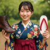 公園の小道で袴姿の日本人女性が、片手にブーツ、もう片手に草履を持ち、足元選びの違いをわかりやすく比較している様子を写した写真。