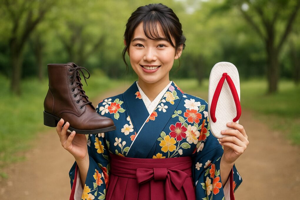 公園の小道で袴姿の日本人女性が、片手にブーツ、もう片手に草履を持ち、足元選びの違いをわかりやすく比較している様子を写した写真。