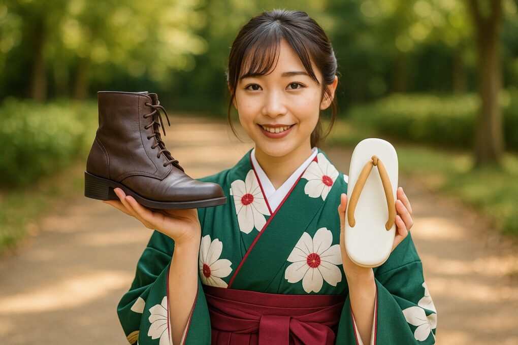緑の木々が並ぶ明るい公園の小道で、袴姿の日本人女性が微笑みながら片手にブーツ、もう片手に草履を持ち、比較するように掲げている様子。