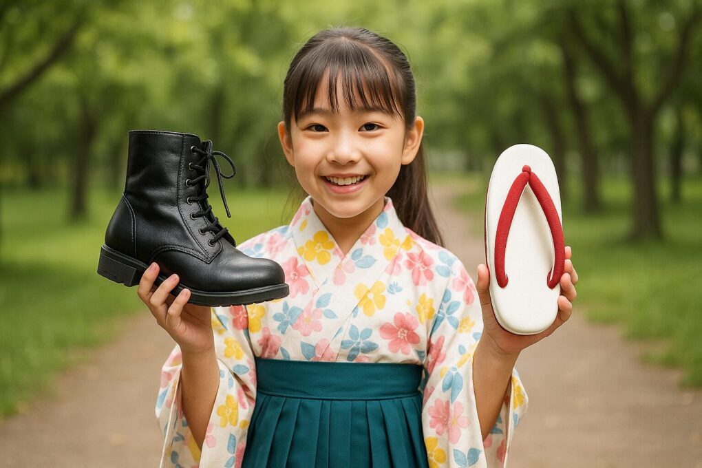 袴姿の小学生の日本人少女が、公園の小道で笑顔になりながら片手に黒いブーツ、もう片手に白い草履を持って比較するように掲げている様子。