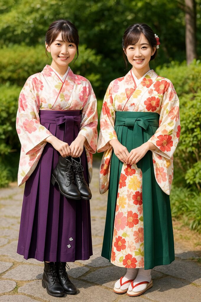 屋外の明るい小道で、袴姿の日本人女性が2人並び、左の女性はブーツを履き、右の女性は草履を履いて、足元の違いを比較できるように立っている様子。