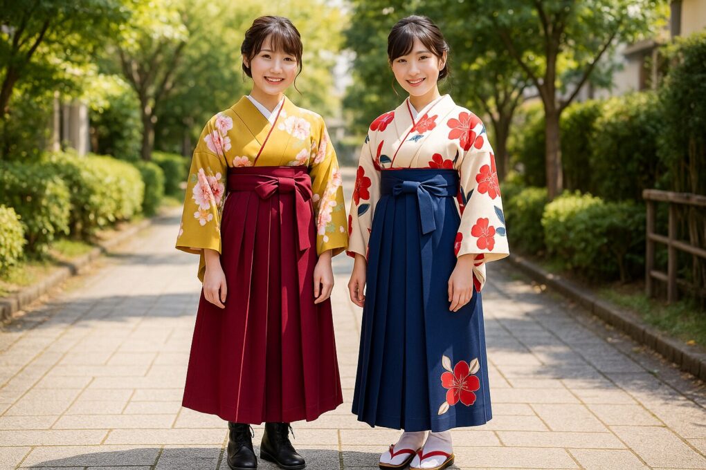 明るい公園の小道で、袴姿の日本人女性が2人並んで立ち、左の女性はブーツ、右の女性は草履を履き、人気カラーの袴と履物の組み合わせを比較できるように見せている様子。