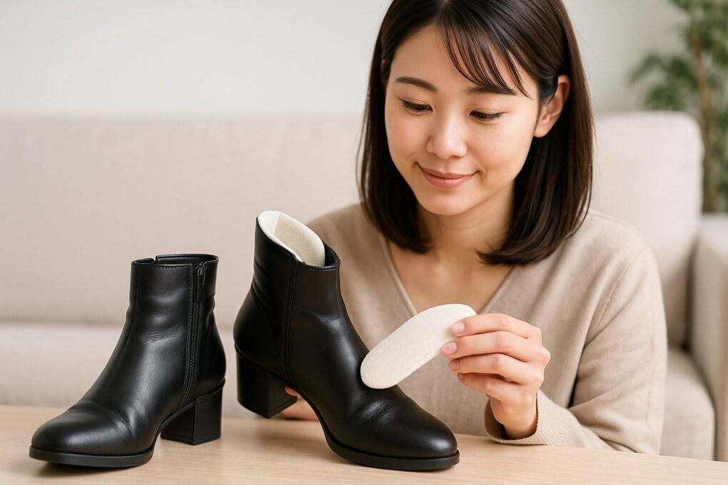 ショートブーツに履き口パッドを装着しようとしている日本人女性が、明るい室内で黒いショートブーツとパッドを手に持って確認している様子。