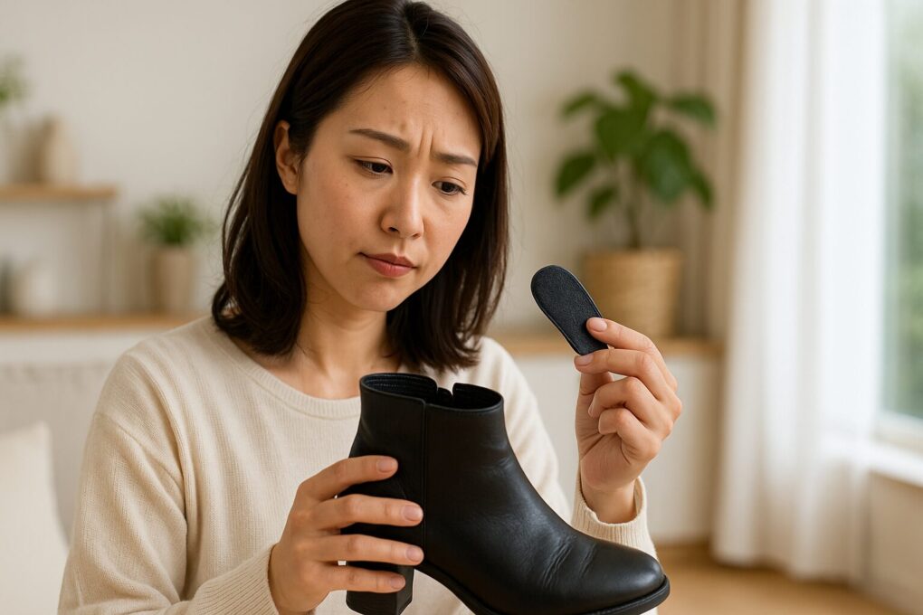 ショートブーツの履き口が痛む原因を確認するため、黒いショートブーツとパッドを手に持ち、悩んだ表情で見比べている日本人女性。