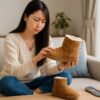 ムートンブーツのかかとが浮く原因を確認するため、日本人女性が室内でブーツを手に取り、真剣に状態をチェックしている様子を描いたリアルな写真。