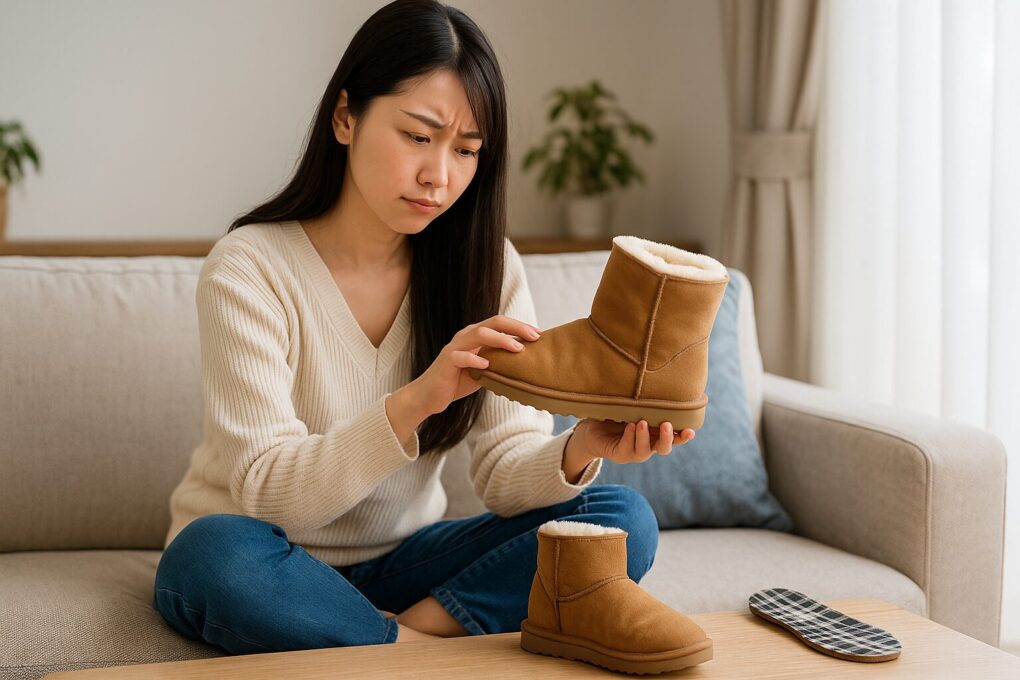 ムートンブーツのかかとが浮く原因を確認するため、日本人女性が室内でブーツを手に取り、真剣に状態をチェックしている様子を描いたリアルな写真。