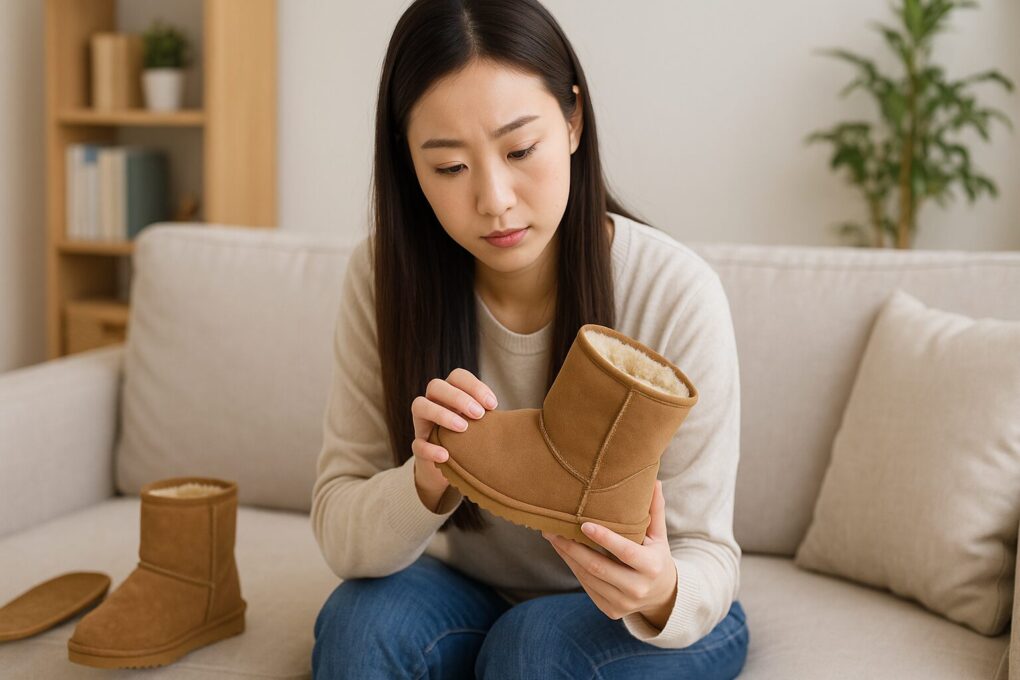 日本人女性がムートンブーツのかかとを確認し、浮く原因を探っている場面を明るい室内で自然に描いた画像。