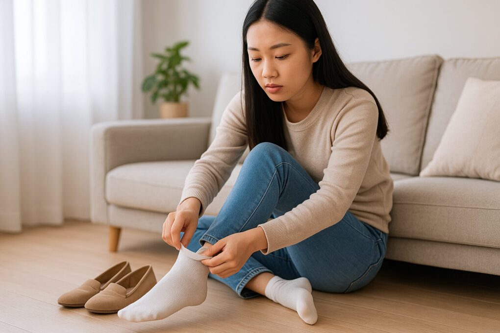 床に座った日本人女性が、靴下が脱げにくいようにかかと部分をしっかり整えている様子を自然光の差すリビングで表現した写真