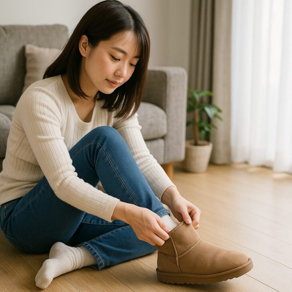 ムートンブーツのかかと浮きを防ぐため、日本人女性がリビングでブーツのフィット感を丁寧に調整している様子を描いた画像。