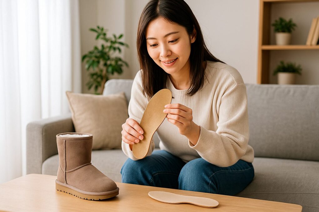 日本人女性がリビングでムートンブーツ用の中敷きを手に取り、ブーツに入れる準備をしている様子を明るい室内で自然に捉えた写真。