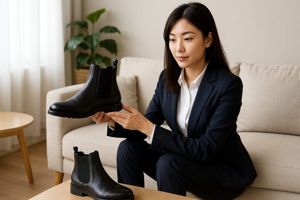 ビジネススーツを着た日本人女性が、明るく整った室内でサイドゴアブーツを手に取りながら丁寧に確認している様子を写した横長16:9の写真。