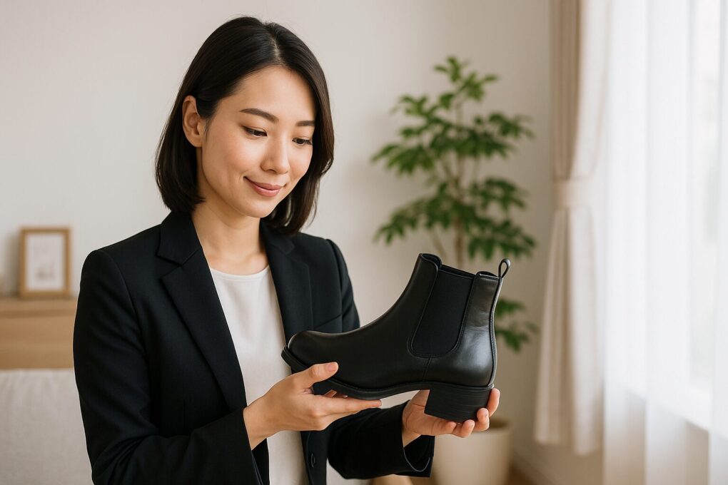 明るい部屋で日本人女性が黒のサイドゴアブーツを丁寧に手に取り、ビジネスマナーとしての履き方を確認している様子を写した横長16:9の写真。