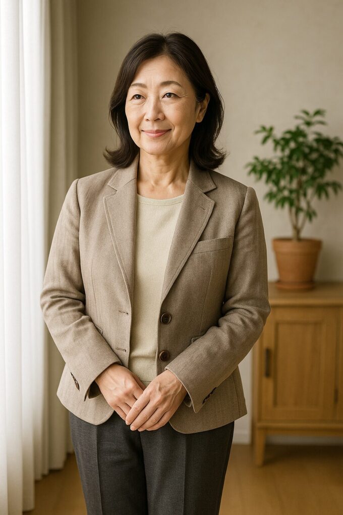 落ち着いた印象の日本人女性が、明るい室内で優しい表情を浮かべながら立っている様子。50代向けの上品で清潔感のある着こなしをイメージした16:9の写真。