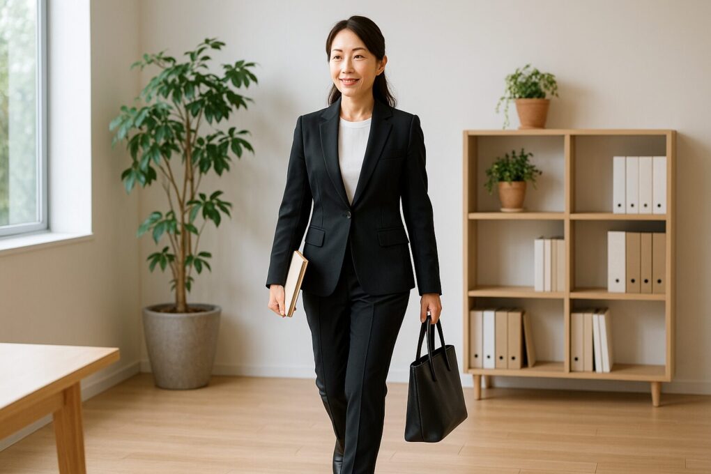 明るいオフィスで日本人女性が書類とバッグを持ちながら歩いている様子。清潔感のある空間で、ビジネスシーンを意識した落ち着いた雰囲気の16:9写真。