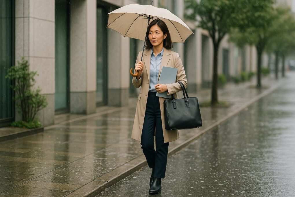 雨の街を、日本人女性がトレンチコートと防水仕様のサイドゴアブーツで歩く様子を写した写真。ビジネスバッグを持ち、傘を差して落ち着いた表情で歩いている。