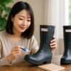 室内のテーブルで日本人女性がハンターレインブーツのひび割れ部分に補修材を塗りながら修理している様子を明るい自然光の中で写した写真